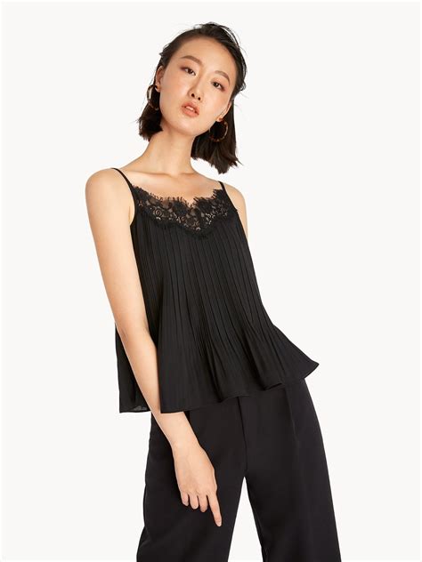 Pleated Lace Cami Tank Black Pomelo Fashion