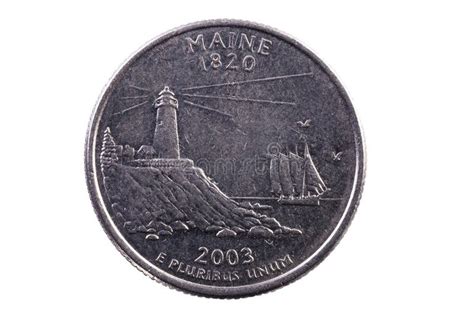 Maine Unites States Quarter Tail Side Coin On White Background Stock