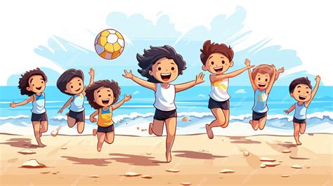 Kids Playing Beach Volleyball Vector Illustration Cartoon Premium Ai