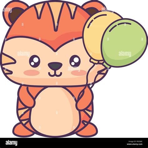 Cute Tiger With Balloons Over White Background Vector Illustration