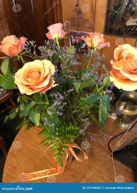 Small Bouquet of Long Stemmed Light Peach Roses, Purple Baby S Breath