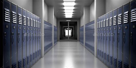 High school lobby with blue color lockers, perspective view. Fitness ...