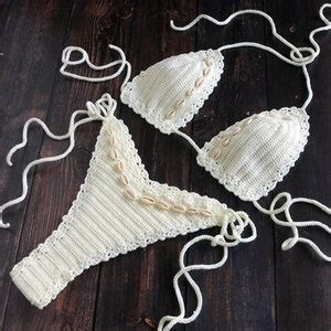 Cream Crochet Bikini With Sea Shells Brazilian Thong Swimsuit Crochet