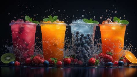 Assorted Tapioca Bubble Teas On Blurred Coffee Shop Background With