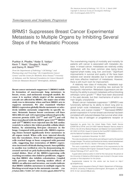 Pdf Brms1 Suppresses Breast Cancer Experimental Metastasis To