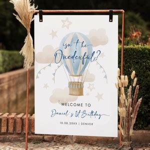 Editable Adventure Awaits Baby Shower Welcome Sign Blue Hot Air Balloon Baby Shower Poster Boy