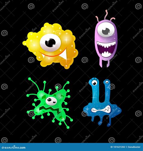 Set Of Cartoon Bacteria Fun Characters Cute Monsters With Different