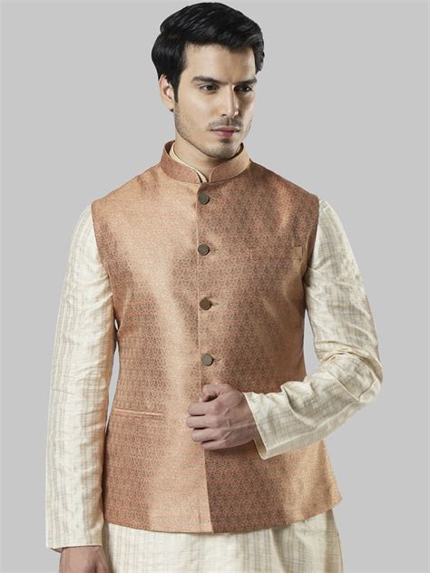 Buy Ethnix By Raymond Men Gold Coloured & Brown Woven Design Nehru Jacket - Nehru Jackets for ...