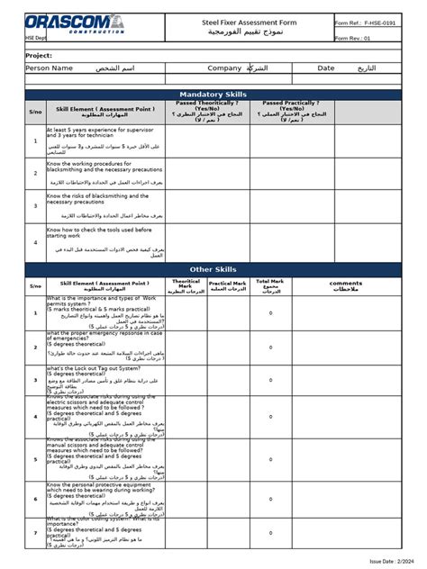 steel fixer assessment form voc