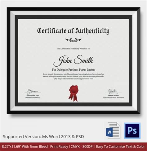 Certificate Of Authenticity Template Free Word Pdf Psd Format