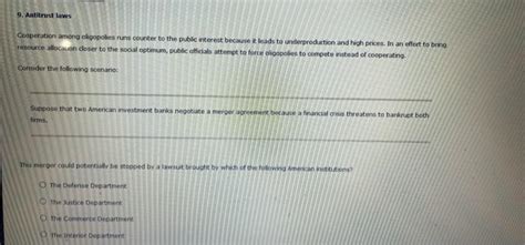 Solved Antitrust Laws Cooperation Among Oligopolies Runs Chegg