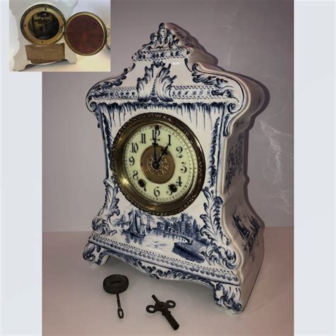 Antique Porcelain Delft Style Mantle Clock Waterbury Clock Co Etsy