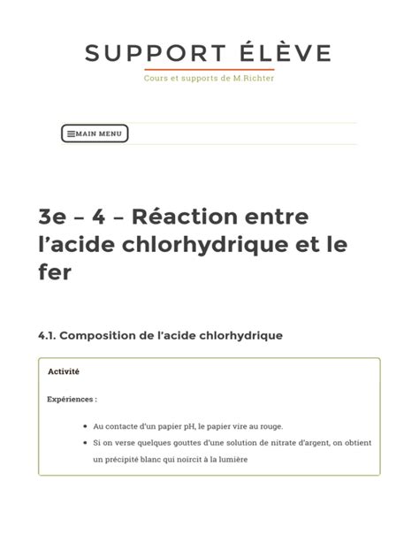 E R Action Entre L Acide Chlorhydrique Et Le Fer Support L Ve