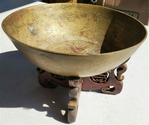 Antique Chinese Brass Dragon Bowl With Mint Mark Signed With Stand