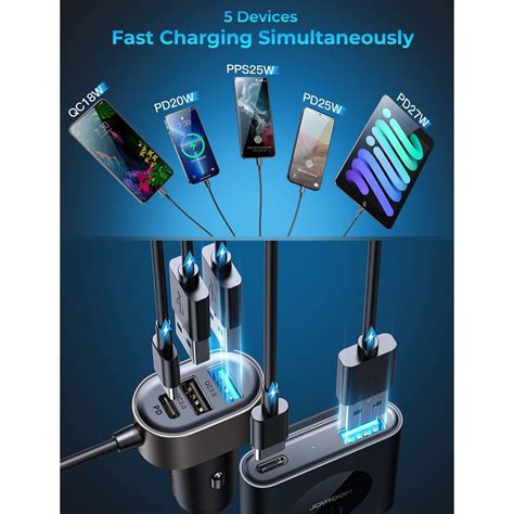 72W зарядно за кола с бързо зареждане с 5 порта, 12-24V, 2 супер бързо ...