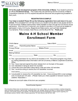 Fillable Online Extension Umaine Maine 4 H School Member Enrollment