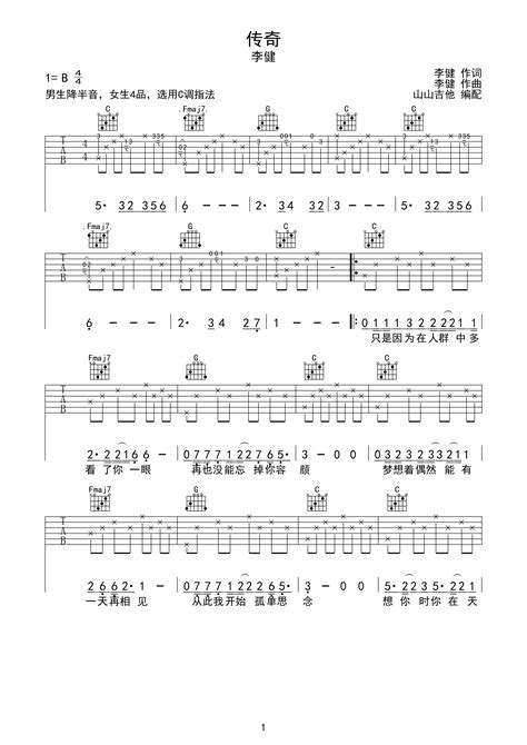 传奇 李健原版吉他谱 山山吉他编配c调六线吉他谱 虫虫吉他谱免费下载