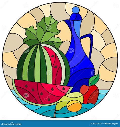 Illustration In Stained Glass Style With Still Life Jug And Sliced