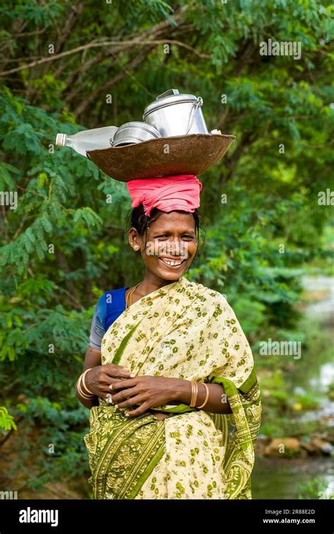 A Village Woman With Smile On The Way To Work Tamil Nadu South India