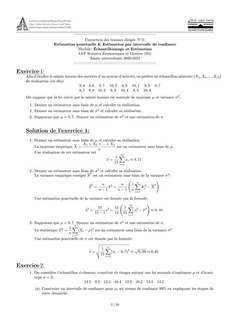 SOLUTION Module Chantillonnage Et Estimation Correction Des Travaux