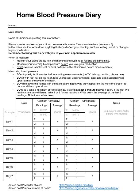 Home Blood Pressure Diary - 7 Days Download Printable PDF | Templateroller