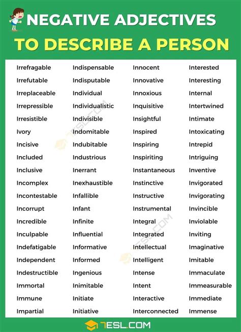 Negative Adjectives To Describe A Person Esl Words That Describe