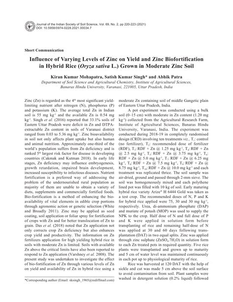 Pdf Influence Of Varying Levels Of Zinc On Yield And Zinc Biofortification In Hybrid Rice