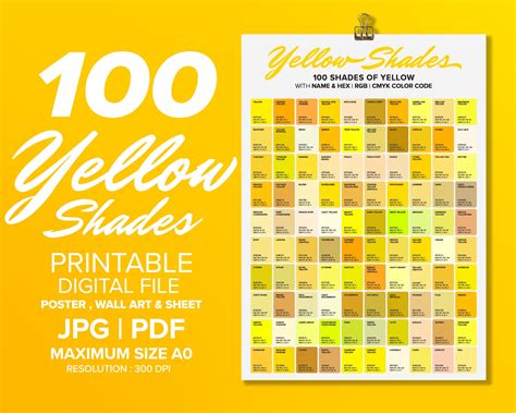 100 Yellow Shades Color Poster, Wall Art Color, Chart & Sheet, Color ...