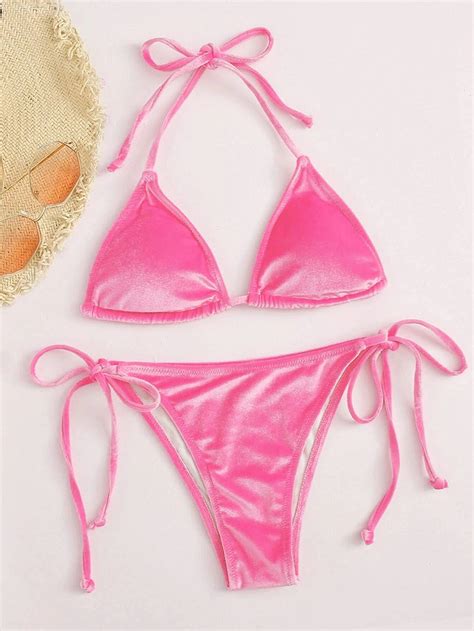 Sexy Velvet Bikini 2023 Mujer Women Solid Pink Push Up Thong Swimsuit