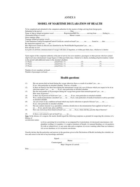 Model Of Maritime Declaration Of Health Annex 8 Pdf Port Tonnage