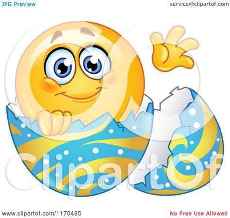 Cartoon Of A Waving Emoticon Smiley In An Easter Egg Royalty Free