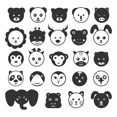 Collection of Black Silhouettes of Cute Animal Heads. Bear, Panda, Pig ...