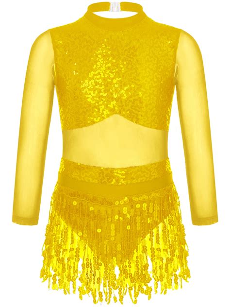 Chictry Kids Girls Sequins Tassel Jazz Latin Dance Costume Long Mesh