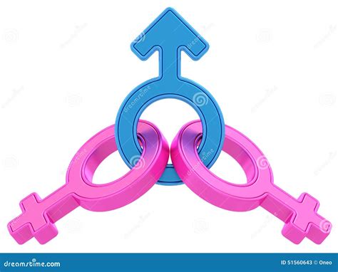 Male And Two Female Gender Symbols Chained Together On White Stock