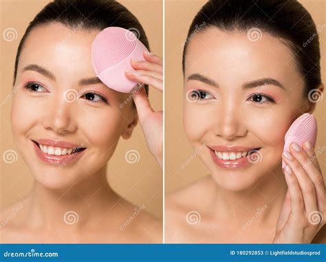 Collage With Attractive Smiling Nude Asian Girl Using Silicone Cleansing Facial Brush Stock