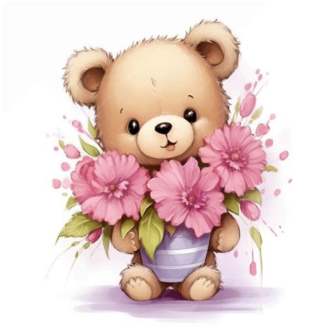 premium vector teddy bear  bouquet  pink flowers  white