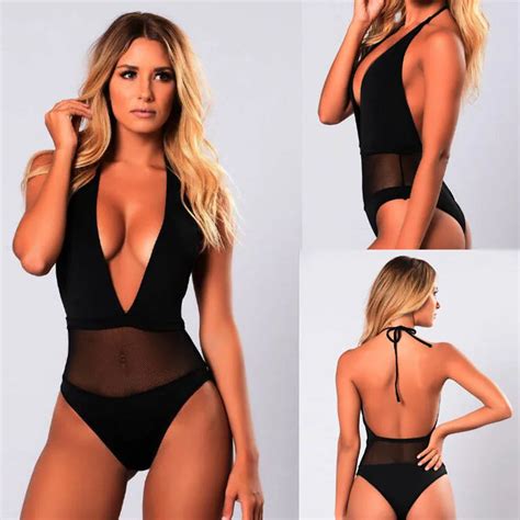 Sexy Women Deep V Neck One Piece Swimming Wear High Waist Mesh