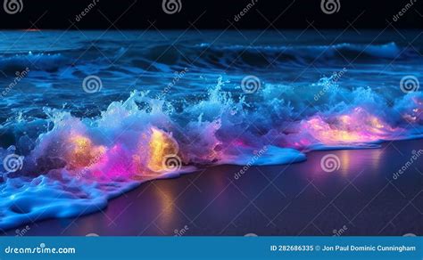 An Illustration of a Multicoloured Bioluminescent Wave at the Beach at ...