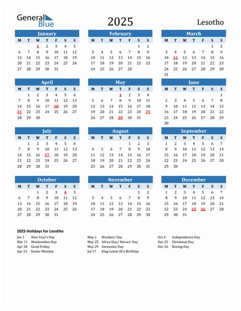 2025 Lesotho Calendar with Holidays