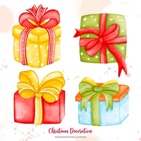 Watercolor Gift Box Set With Bow Digital Paint Watercolor Illustration