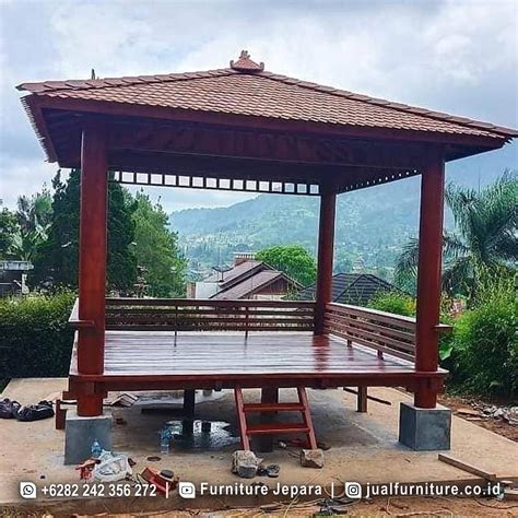 Gazebo Kayu Jati Natural Taman Atap Ulin Sofa Tamu Mewah Jepara