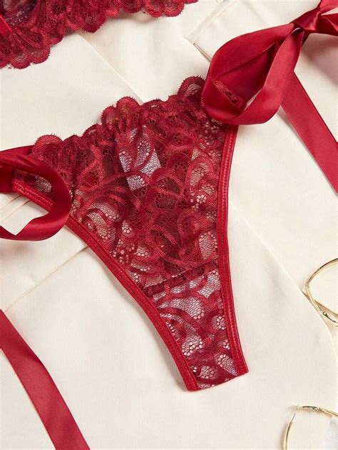 Peças Conjunto de Lingerie Sexy Rendada e Laço para Mulheres