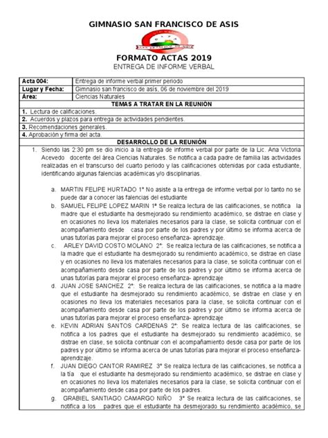 Acta De Informe Verbal Cuarto Periodo Pdf