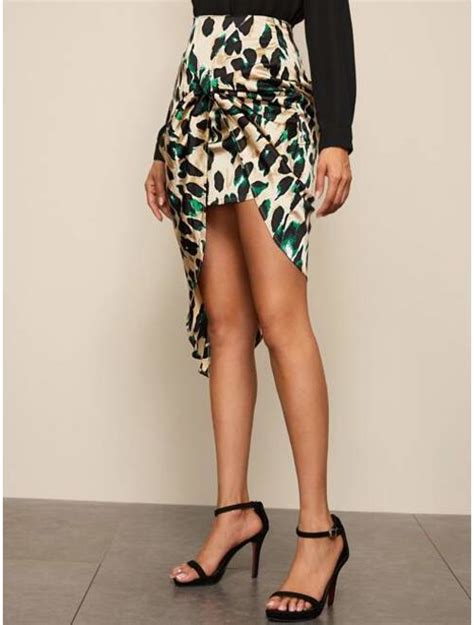 Buy Shein Twist Front Asymmetrical Hem Allover Print Satin Skirt Online