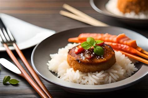 Un Plato De Comida Con Arroz Y Palillos Sobre Una Mesa Foto Premium