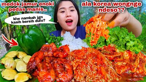 Ketagihan Makan Jamur Enoki Udang Pedas Manis Lalapan Mentah Jengkol