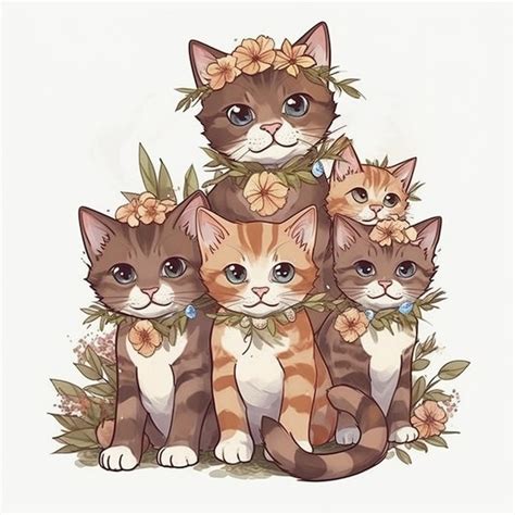 Un Dibujo De Cuatro Gatos Con Flores En La Cabeza Foto Premium