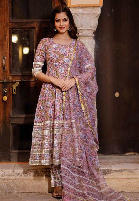 Buy Printed Cotton Anarkali Suit In Old Rose Online Kmm133 Utsav