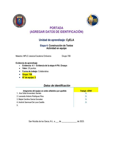 Evidencia Etapa Pia Ensayo Portada Agregar Datos De Identificaci