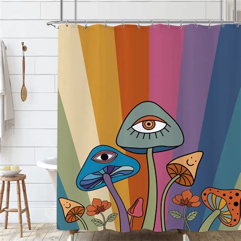 Sonernt Mushroom Rainbow Shower Curtain 72x72 Inch With 12 Hooks